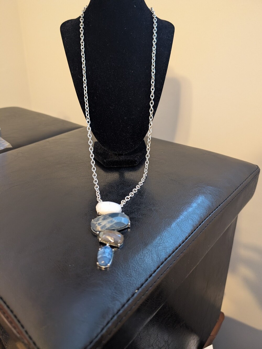 Silver Chain Necklace with Blue and White Stone Pendant